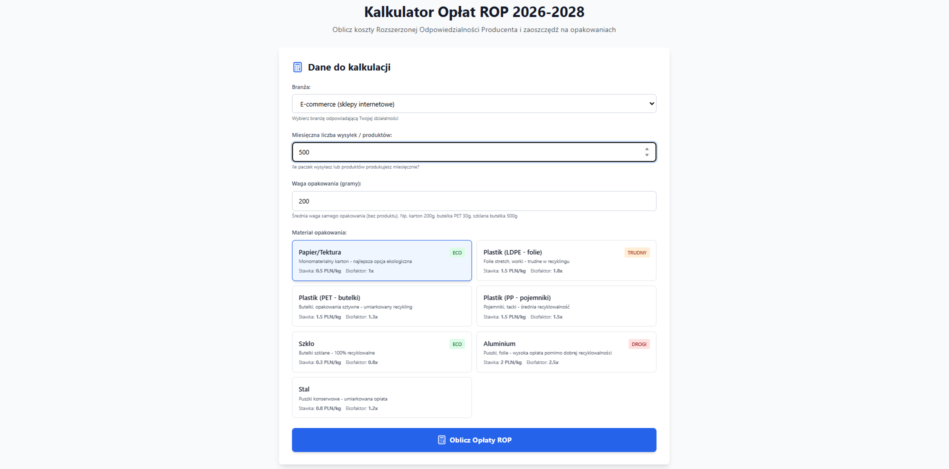 Kalkulator ROP 2026-2028 - Symulator Opłat Recyklingowych