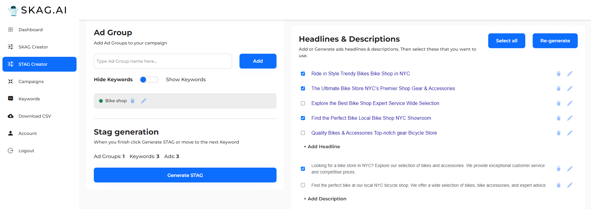 Skag.AI - interfejs narzędzia do keyword research i tworzenia reklam